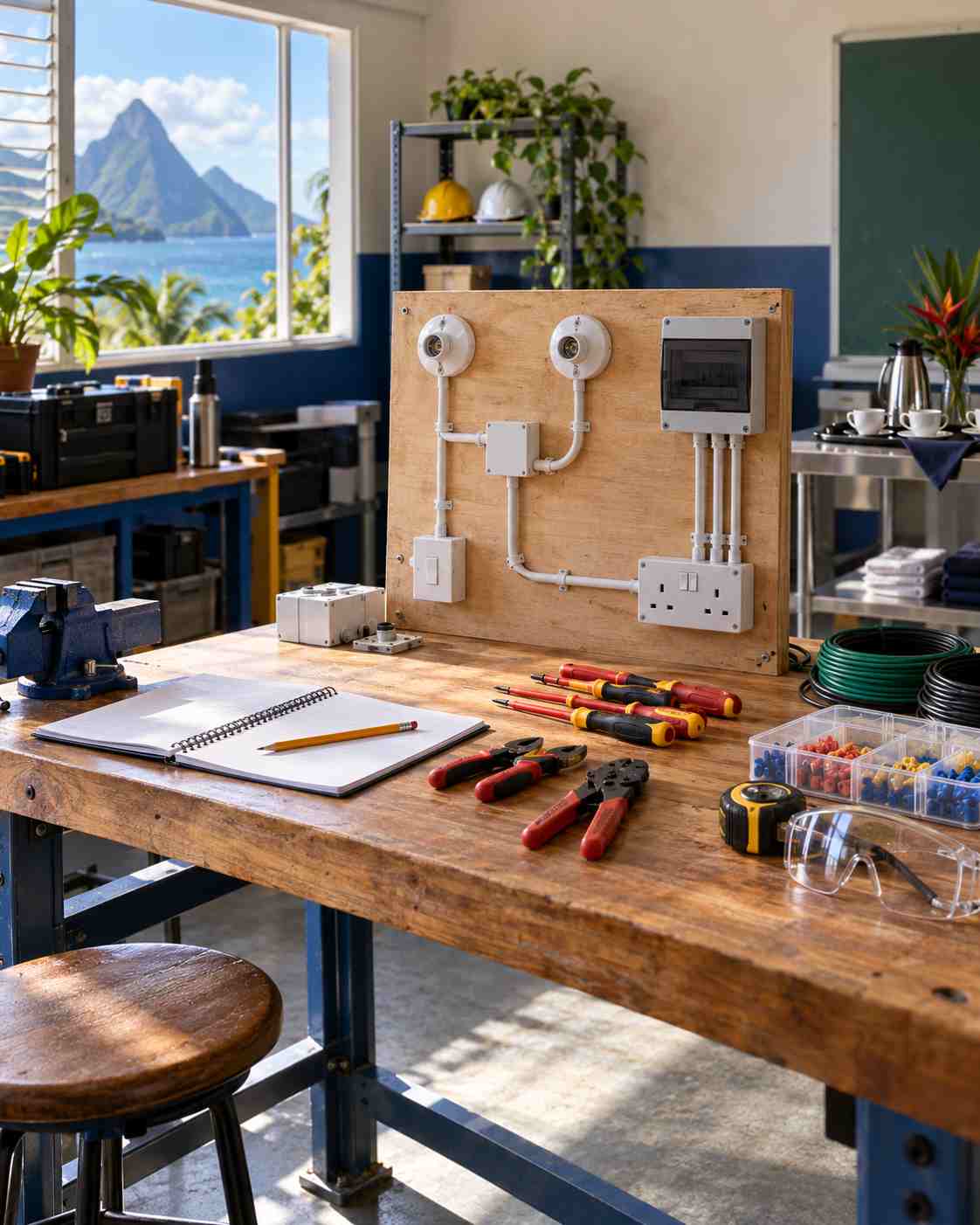 Electrical installation practice board on a workbench with insulated tools and an open notebook
